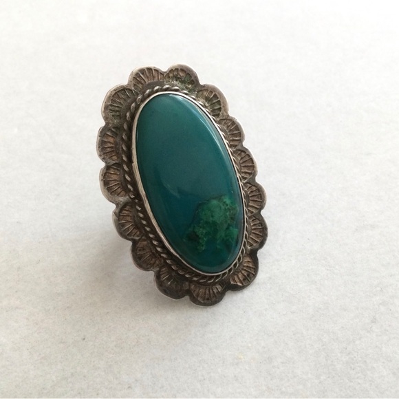 Vintage Native American Statement Ring - Sterling w Gel Chrysocolla - Size 5 - Picture 7 of 9